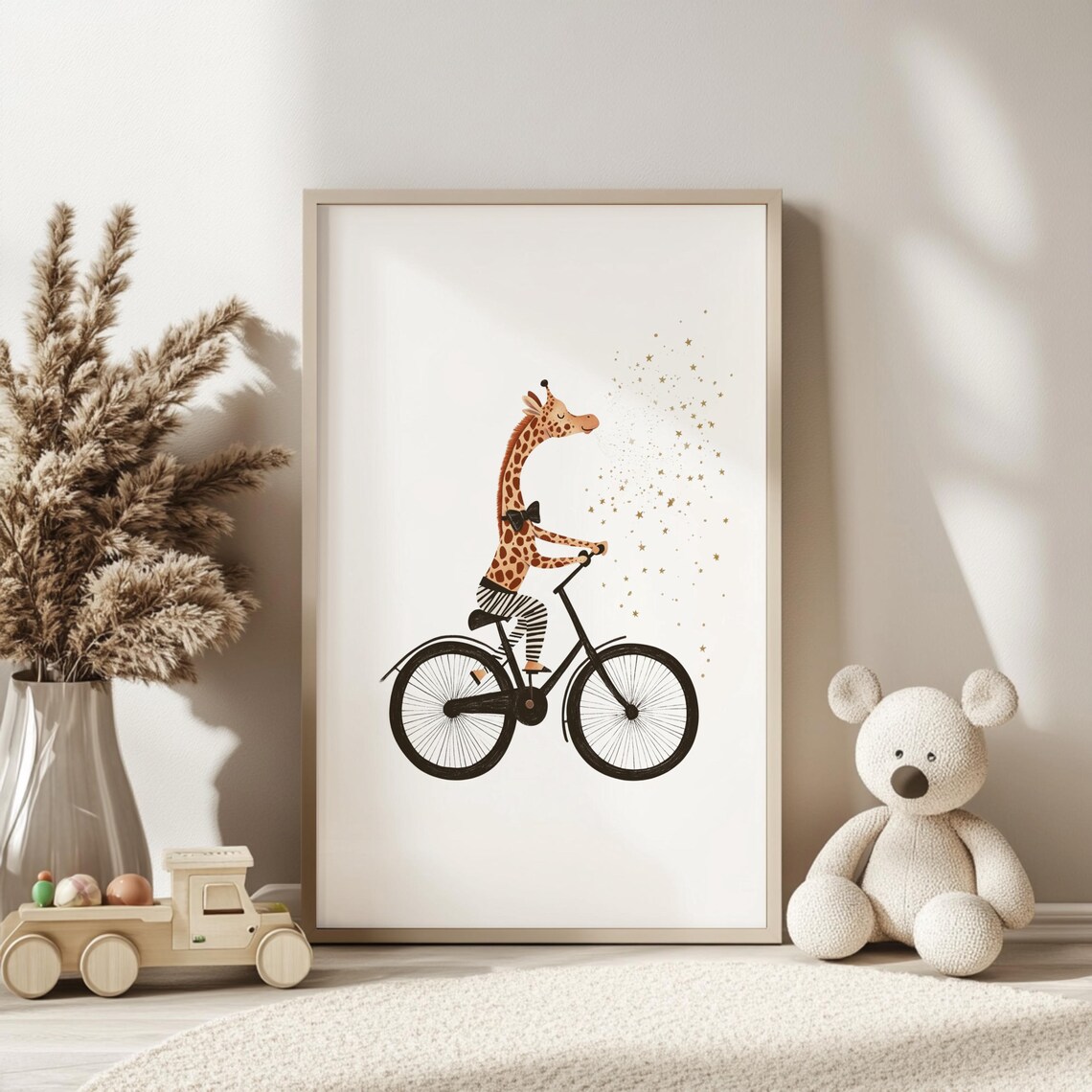 Giraffe Riding Bicycle With Bow Tie And Stars Nursery Poster
