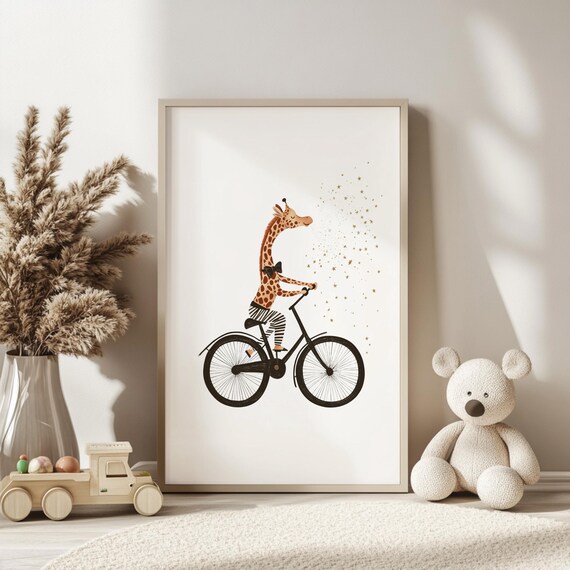 Giraffe Riding Bicycle With Bow Tie And Stars Nursery Poster