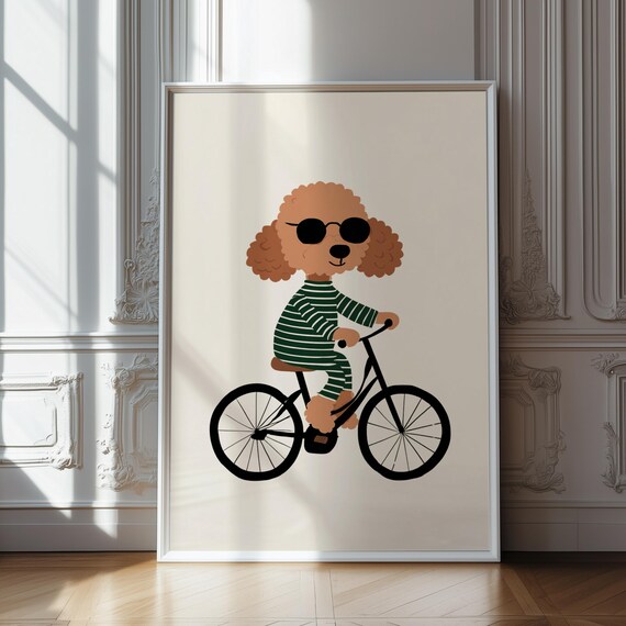 Cute Poodle Riding Bicycle Sunglasses Retro Dog Nursery Poster