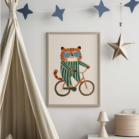 Cool Tiger On Bicycle Wall Art Boys Nursery Animal Print Jungle For Kids Room Modern Decor
