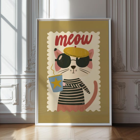 Hipster Cat Wall Art Meow Coffee Poster French Decor For Nursery Or Playroom Cool Kids Room