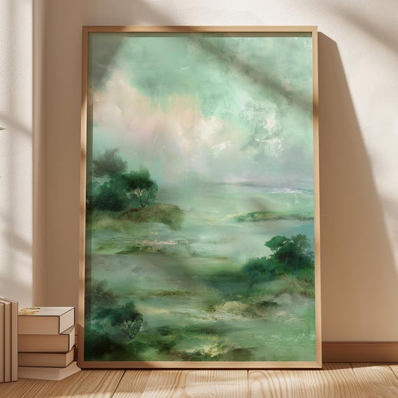 Green Abstract Landscape Wall Art Pastel Nature Painting Print Minimalist Scenic Artwork Serene Coastal Decor For Modern Living Room