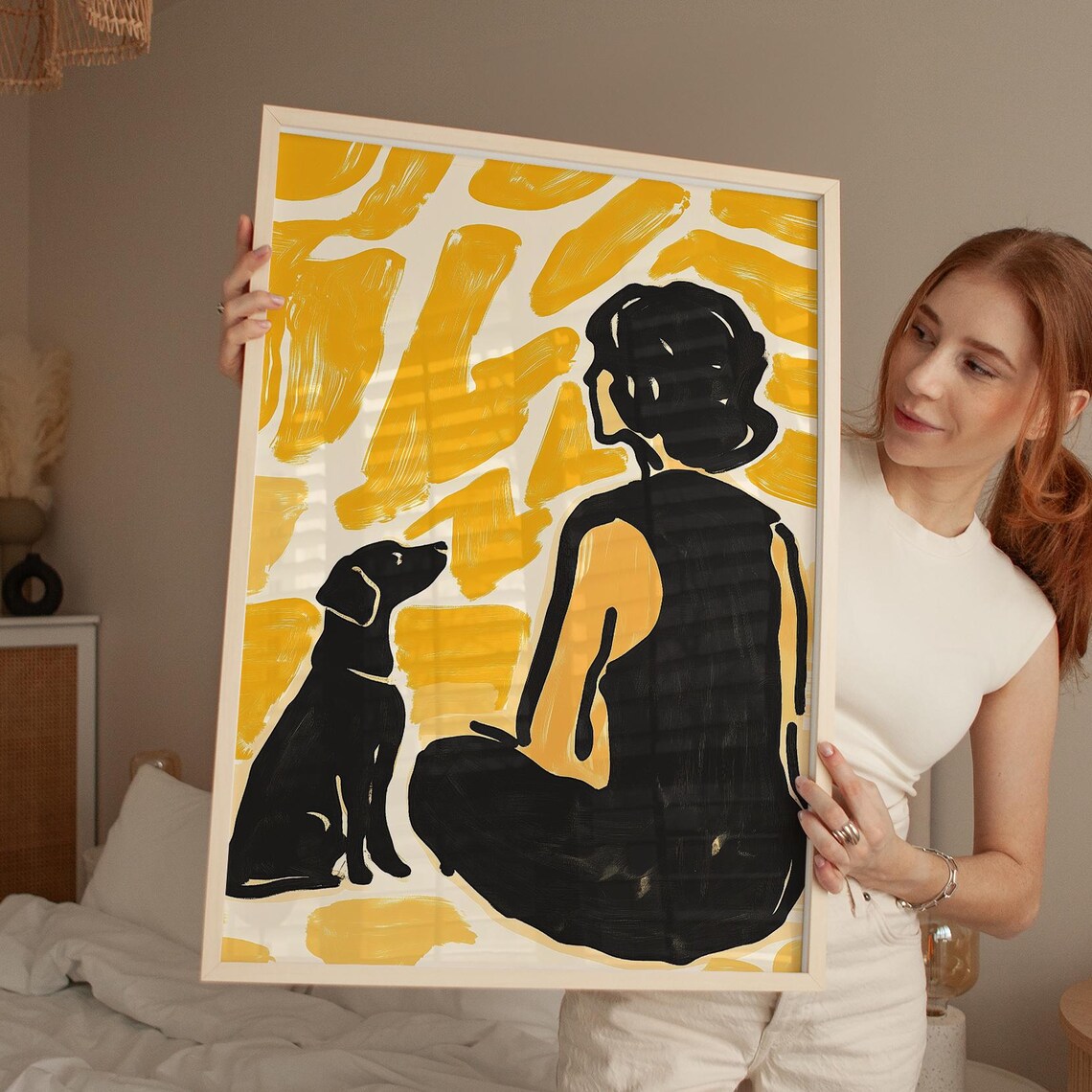 Woman And Dog Art Print, Modern Abstract Illustration