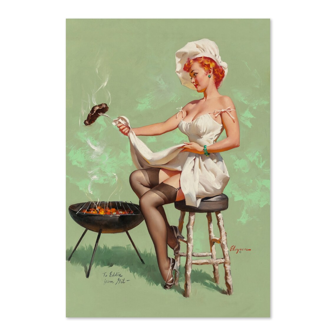 Elvgren A Lot at Steak Chef Grill Pin Up Girl BBQ Vintage Art Poster