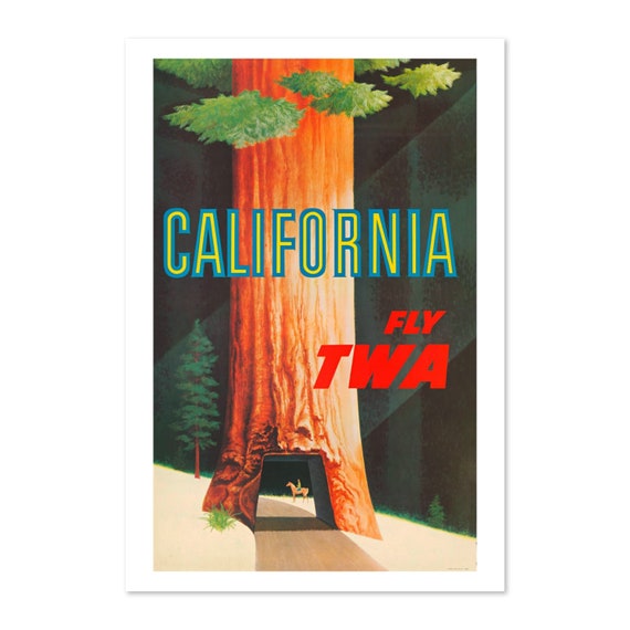 1950s Twa California Redwoods Drive Thru Tree Travel Poster Classic Collection Art Print For Gifts And Wall Art Dcor