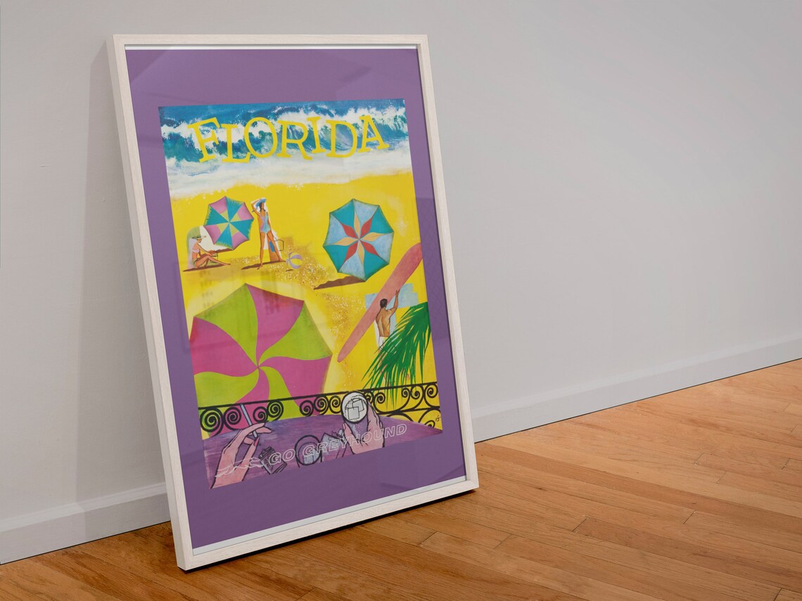 Florida Vintage Beach Travel Poster Go Greyhound Surf Umbrellas - Image 4