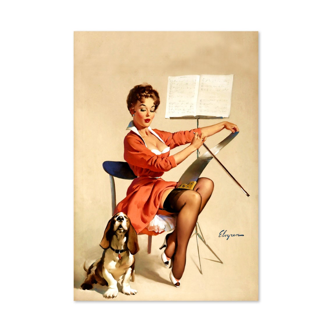 Gil Elvgren Puppy Love Musical Saw Basset Hound Dog Art Poster