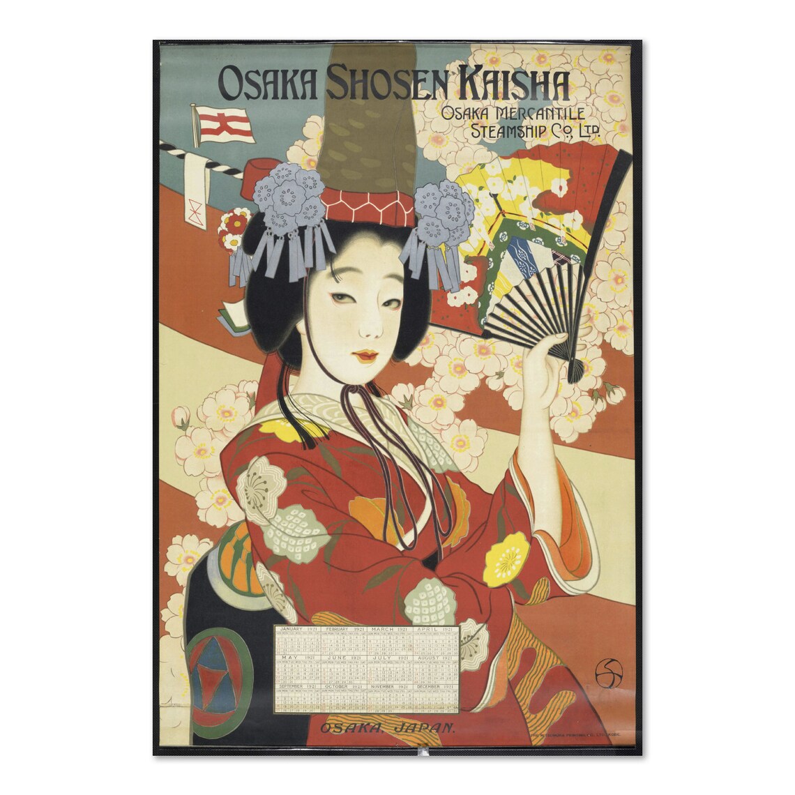 Osaka Shosen Kaisha 1921 Steamship Kimono Geisha Travel Vintage Poster