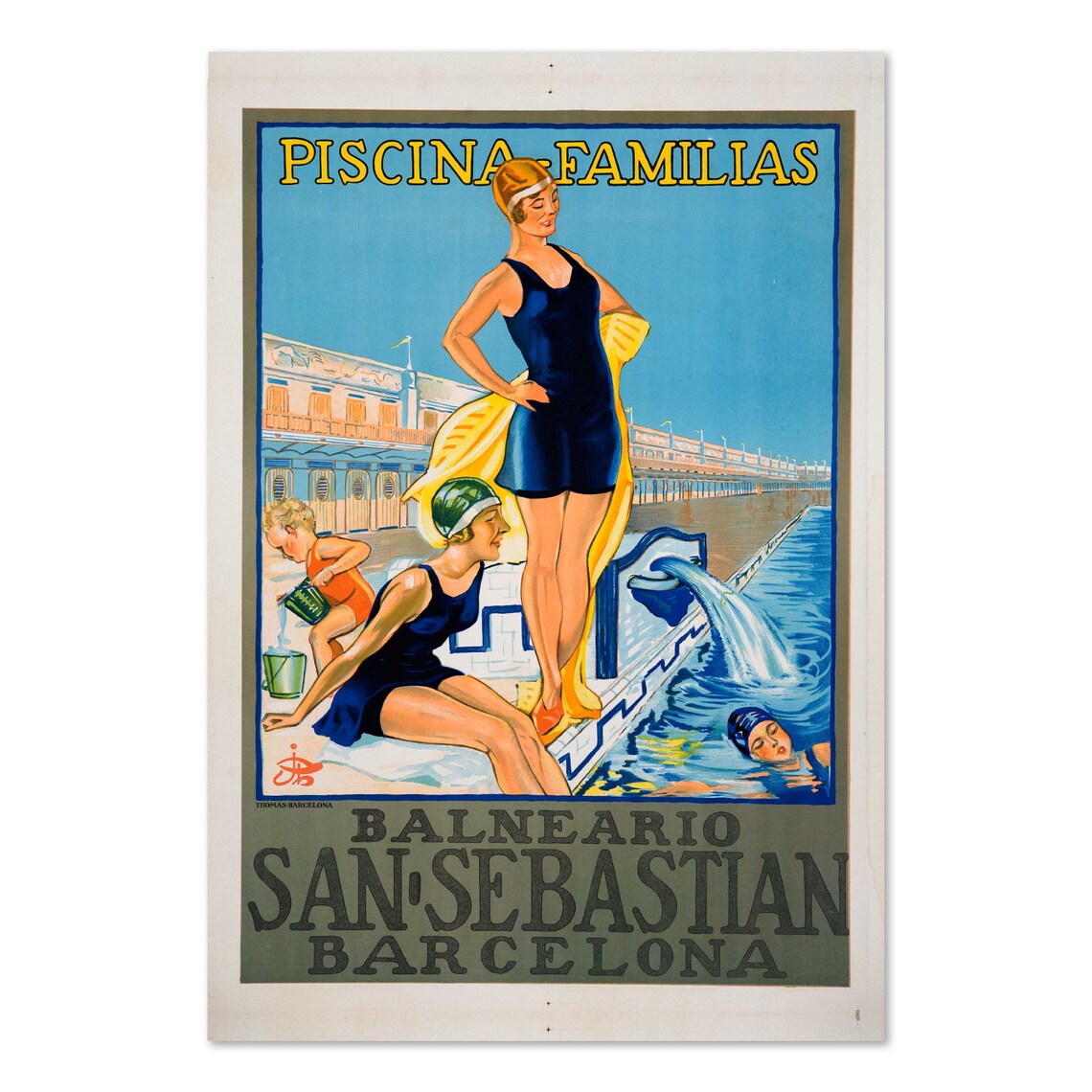 Piscina Familias Balneario San Sebastian Barcelona Pool Vintage Poster