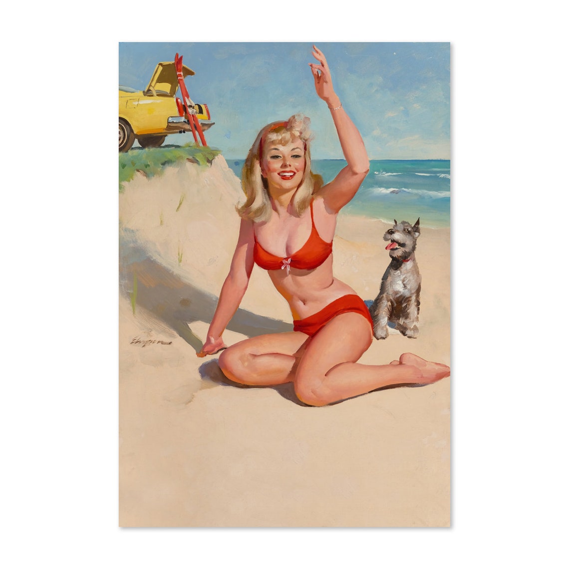 Gil Elvgren Red Bikini Beach Pin-Up Schnauzer Dog Summer Poster