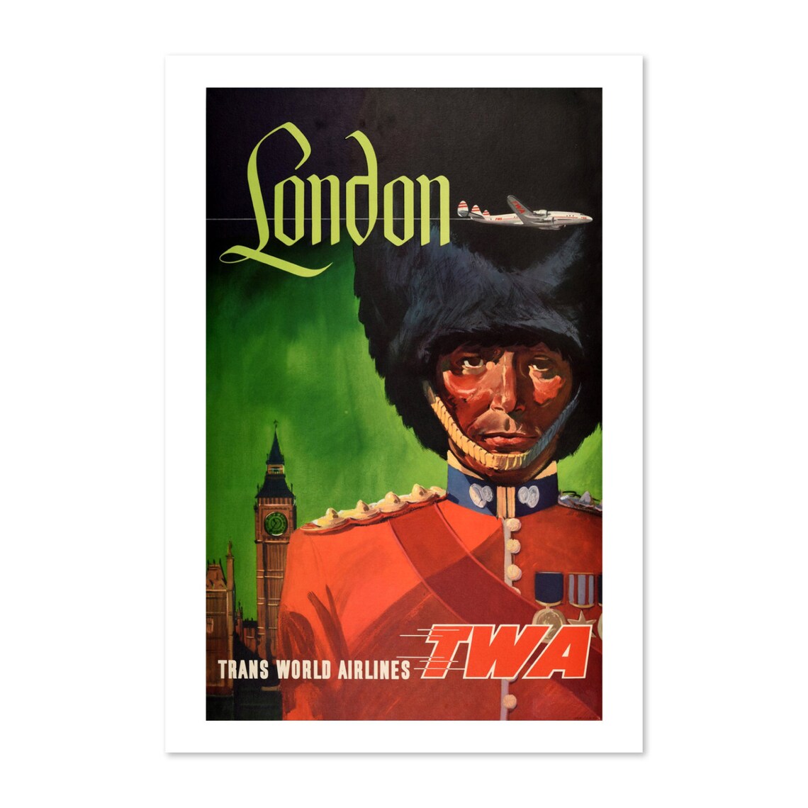 London TWA Queens Guard Bearskin Big Ben Vintage Travel Poster