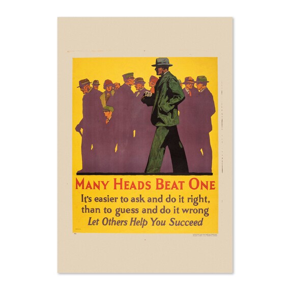 Many Heads Beat One Vintage Motivational Workplace Teamwork Poster