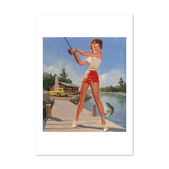 Elvgren Pin Up Girl Fishing from a Dock Catching Bass Poster