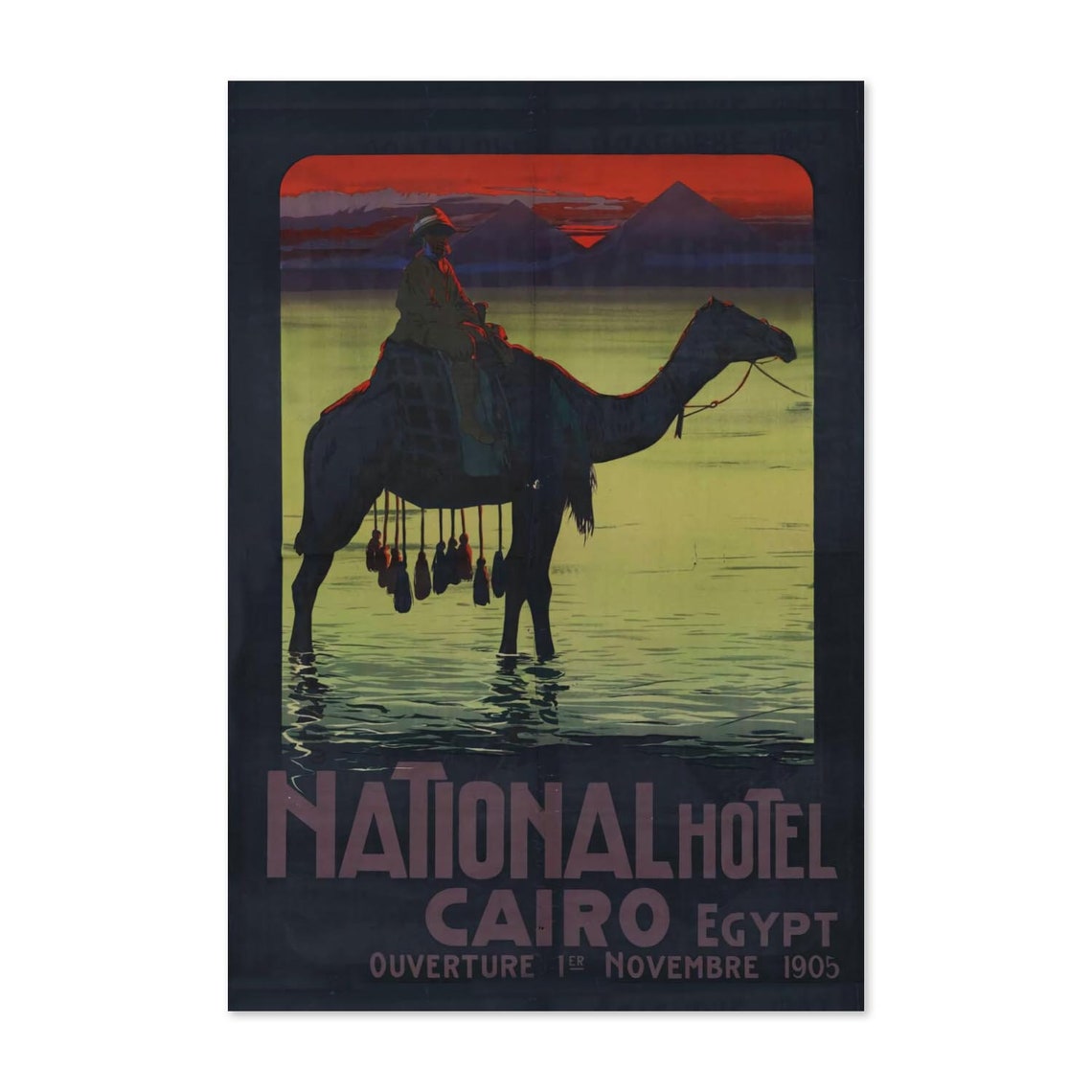 National Hotel Cairo Egypt 1905 Camel Sunset Vintage Hotel Poster