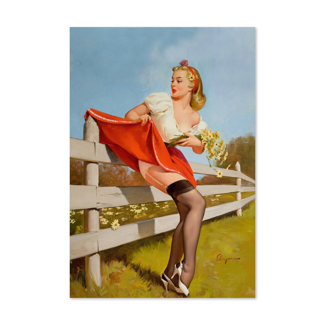 Gil Elvgren On the Fence Vintage Daisy Field Pin Up Girl Poster