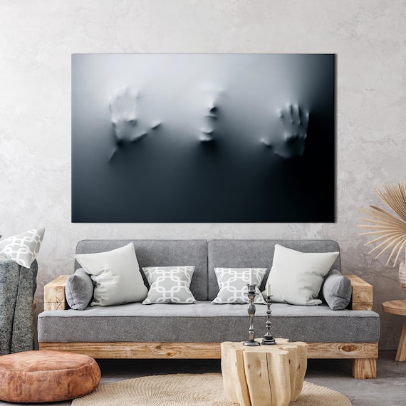 Dark Gray Face Behind Translucent Fabric Moody Modern Art Poster