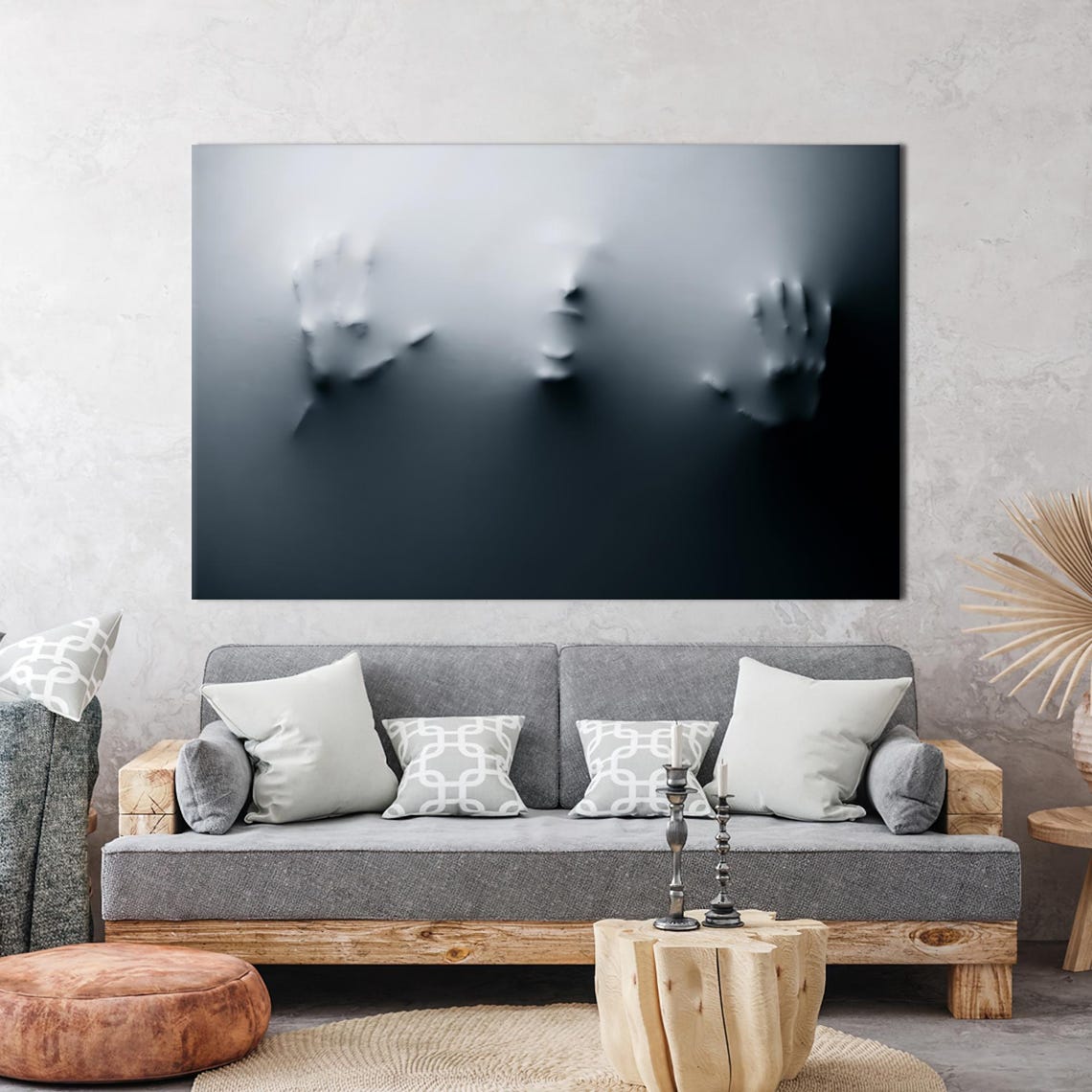 Dark Gray Face Behind Translucent Fabric Moody Modern Art Poster