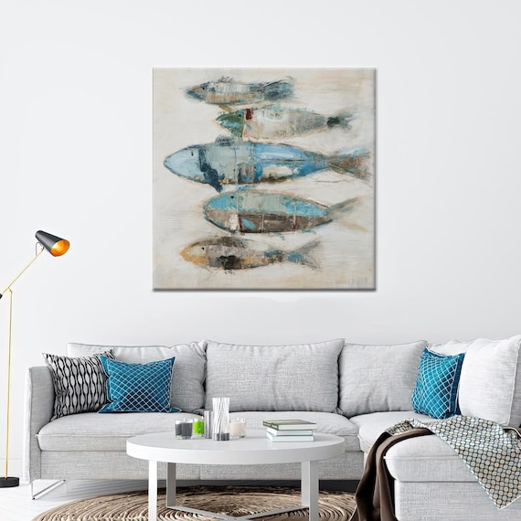 Abstract Painted Fish School Blue Coastal Modern Kitchen Wall Poster
