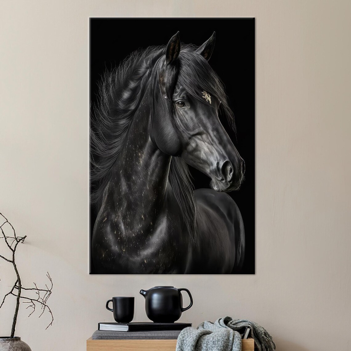 Black Horse Portrait Flowing Mane Dark Background Animal Art Poster