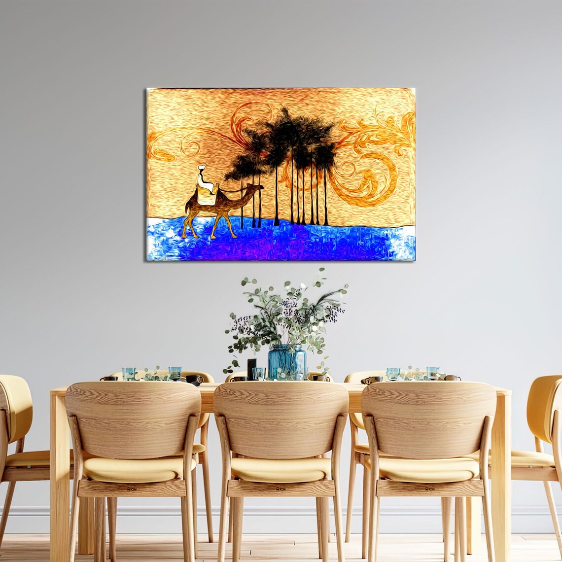 African Camel With Rider Desert Oasis Golden Ethnic Wall Painting Poster