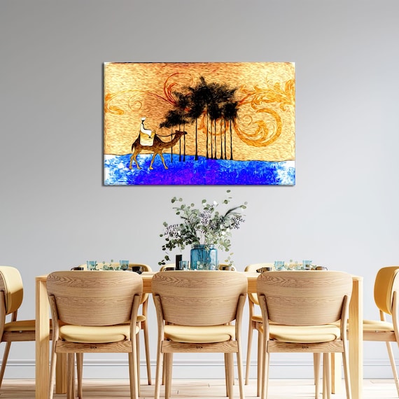 African Camel With Rider Desert Oasis Golden Ethnic Wall Painting Poster