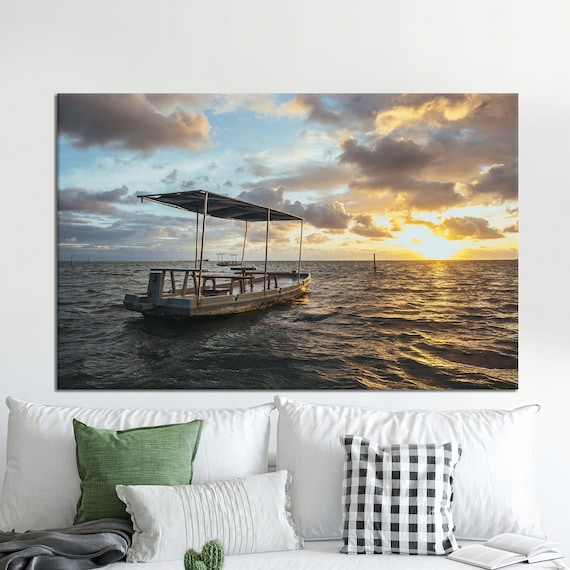 Fishing Boat Ocean Sunset Golden Waves Seascape Canvas Print
