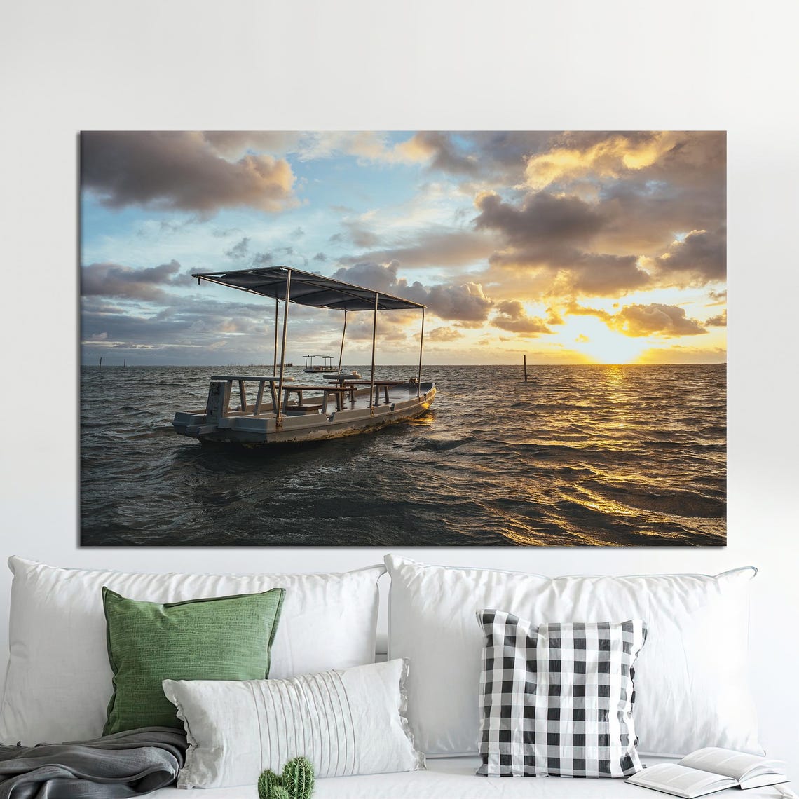 Fishing Boat Ocean Sunset Golden Waves Seascape Canvas Print