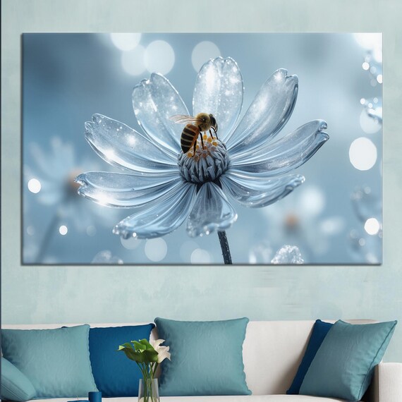 Honeybee on Frosted Crystal Flower Dreamy Blue Floral Art Poster