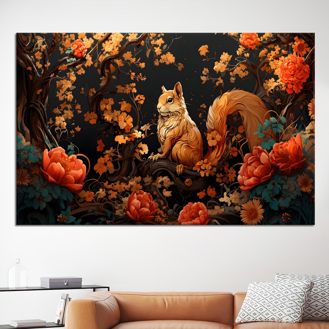 Golden Squirrel Blossom Tree Autumn Floral Dark Woodland Art Poster