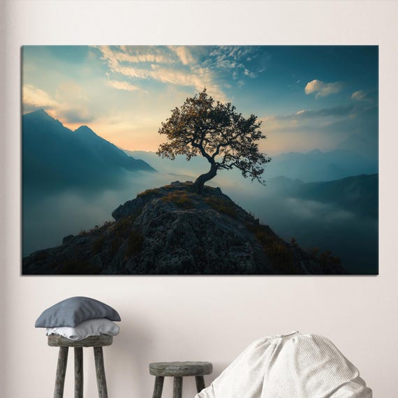 Tree On Hill Art Canvas Poster Large Modern Gift For Her Landscape Baby Girl Personalized