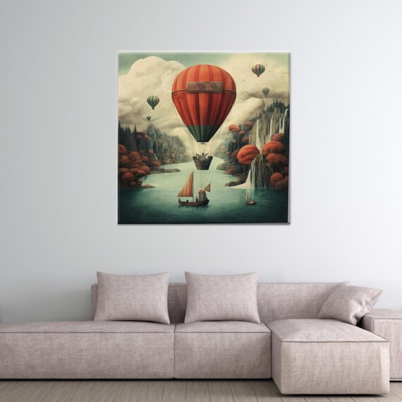 Vintage Hot Air Balloon Over Lake With Sailboats Scenic Poster