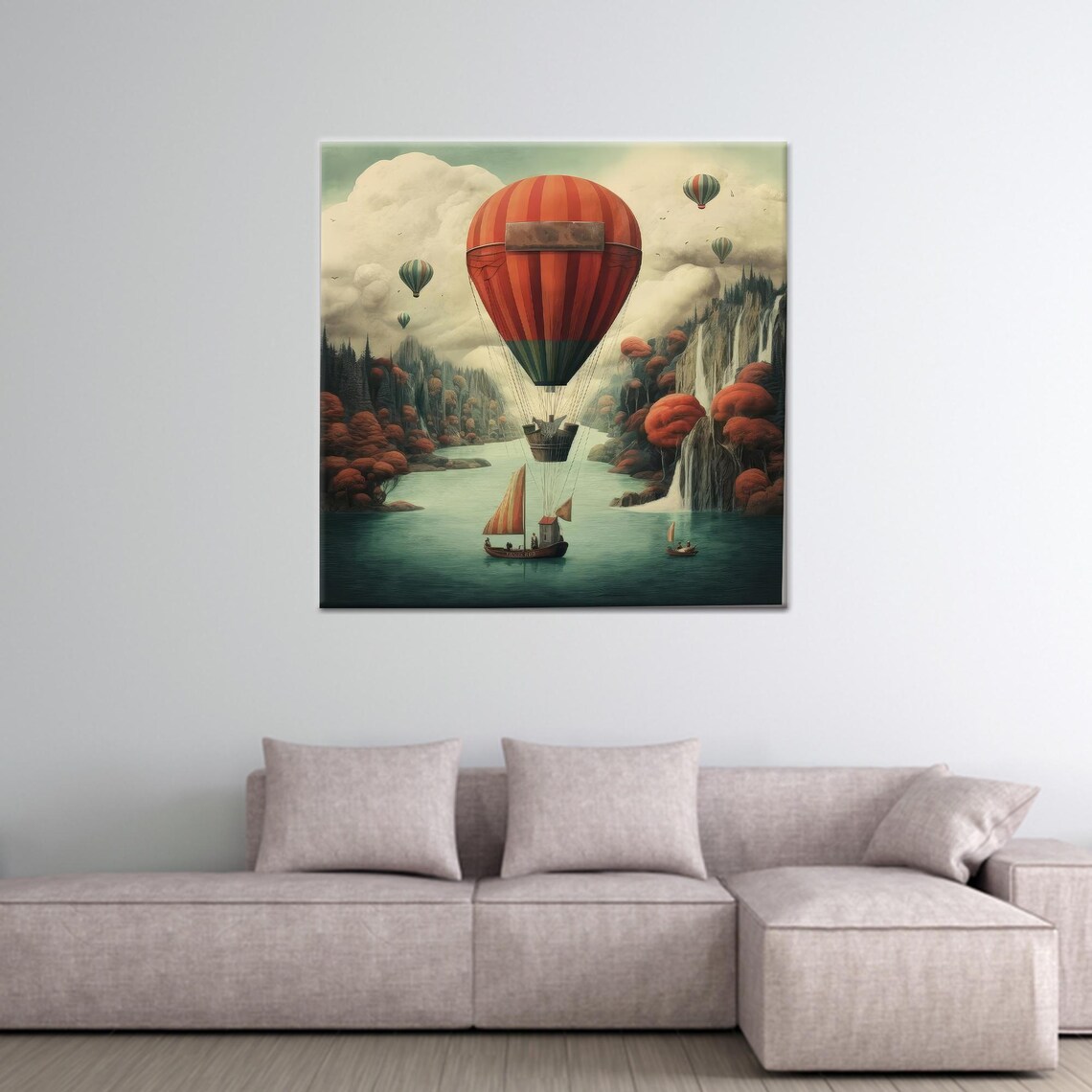 Vintage Hot Air Balloon Over Lake With Sailboats Scenic Poster