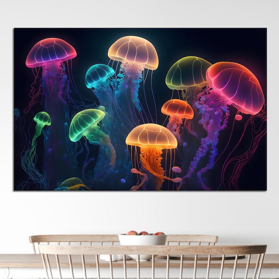 Neon Glowing Jellyfish Rainbow Colors Dark Ocean Animal Poster Art