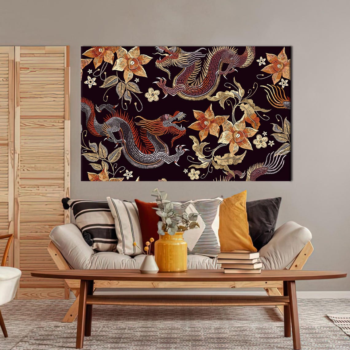 Asian Dragon Canvas Print Floral Japanese Pattern Wall Decor