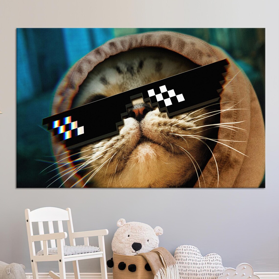Thug Life Cat Pixel Sunglasses Hoodie Meme Funny Animal Wall Art