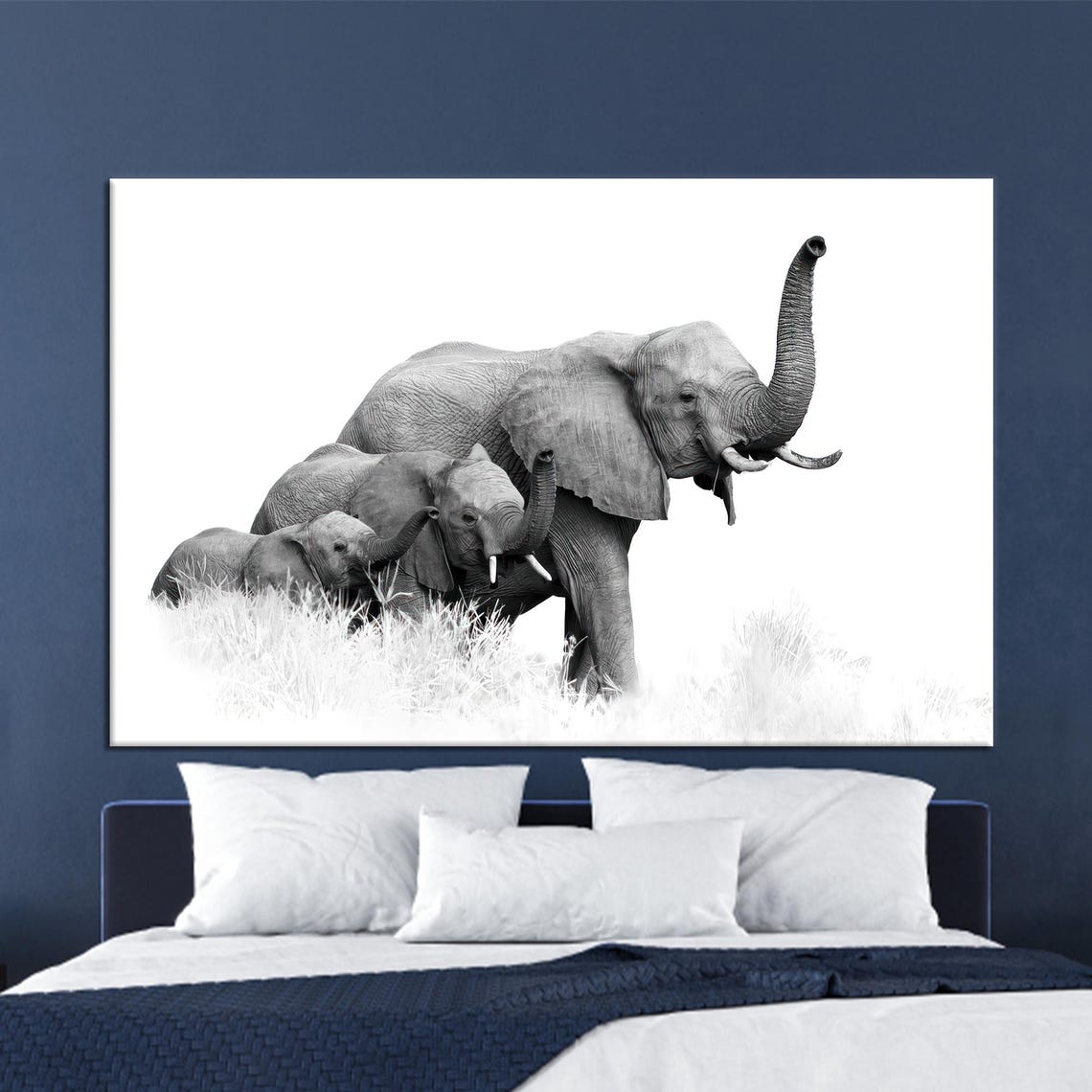 Elephant Family In Black And White Trunks Raised Modern Art Poster