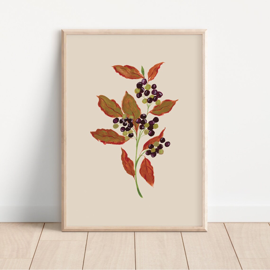 Autumn Berries Art Print, Neutral Rustic Botanical