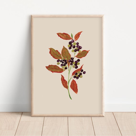 Autumn Berries Art Print, Neutral Rustic Botanical