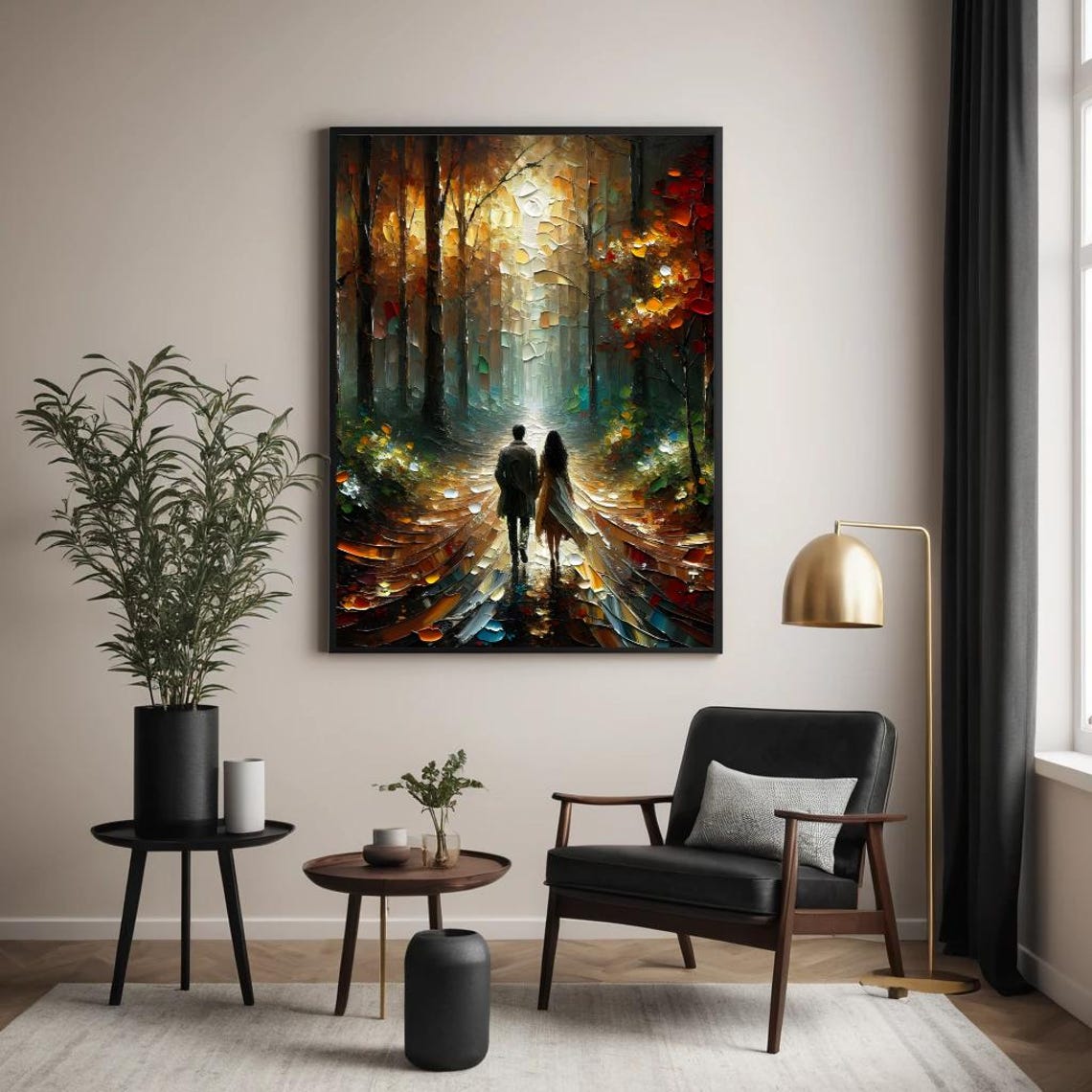 Couple Walking Golden Autumn Forest Path Romantic Impasto Art Poster
