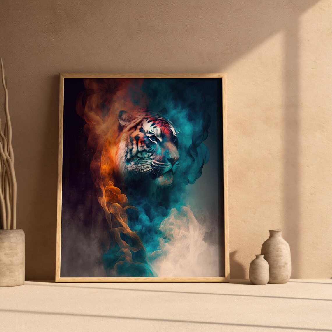 Tiger Head In Colorful Smoke Teal Orange Surreal Animal Art Poster - Image 5