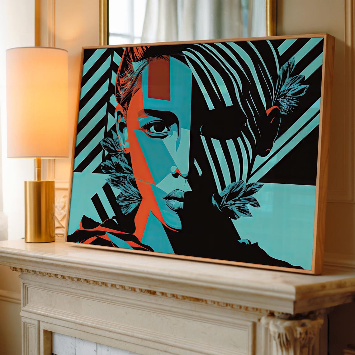Bold Abstract Portrait Art Modern Geometric Face Striking Blue And Orange Contrast Contemporary Pop Art Wall Decor - Image 8