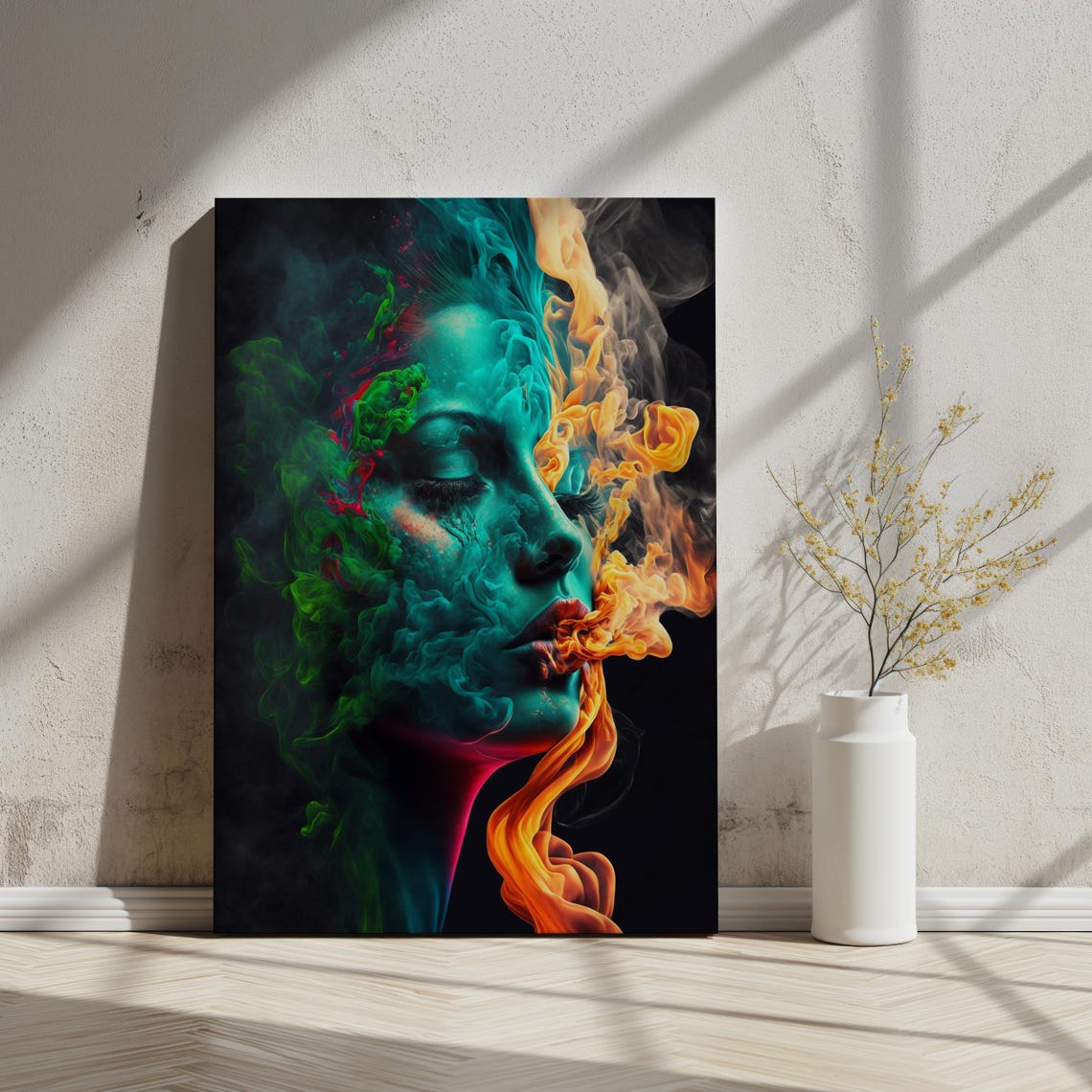 Ethereal Woman Smoke Portrait Teal Orange Mist Psychedelic Art Poster