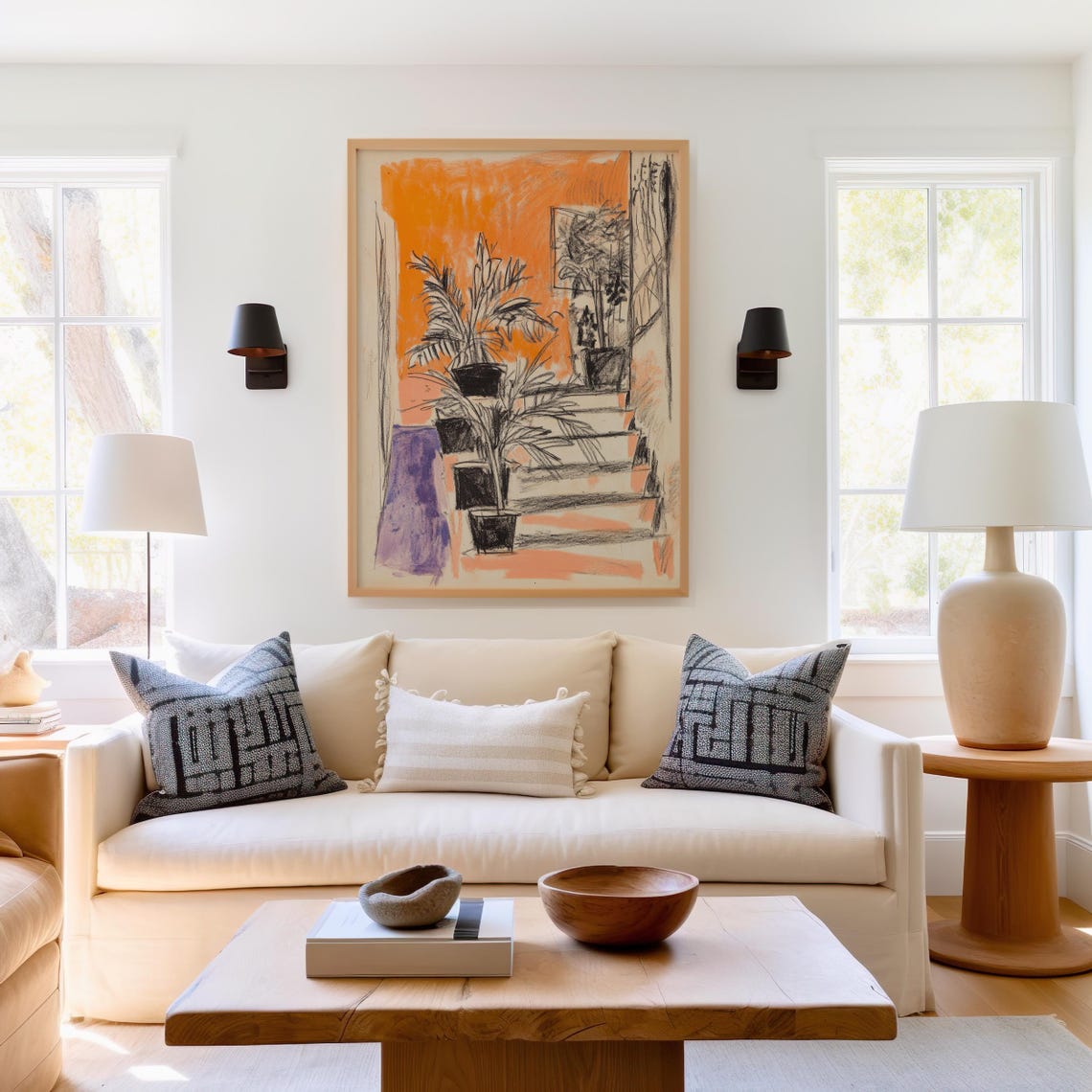 Potted Plants Charcoal Sketch Bold Orange Wall Interior Art Poster - Image 2