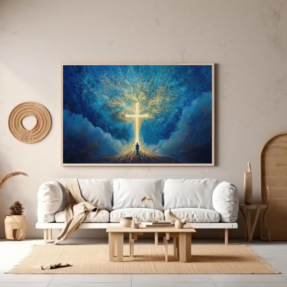 Spiritual Golden Cross Tree Of Life Glowing Roots Faith Night Sky Poster - Image 5