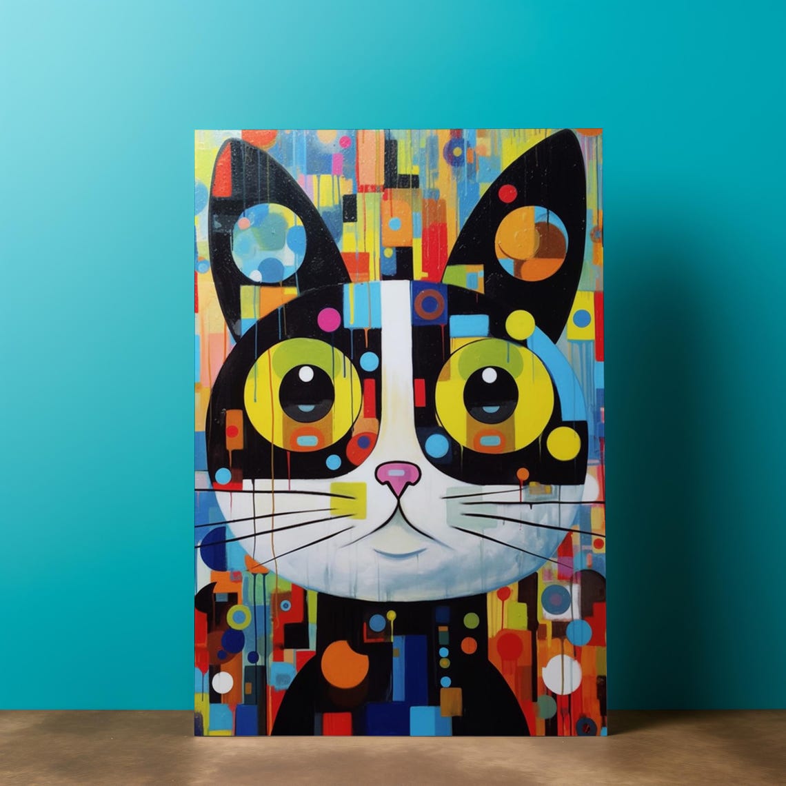 Pop Art Cat Face Print Colorful Geometric Dots Yellow Eyes Wall Poster - Image 5
