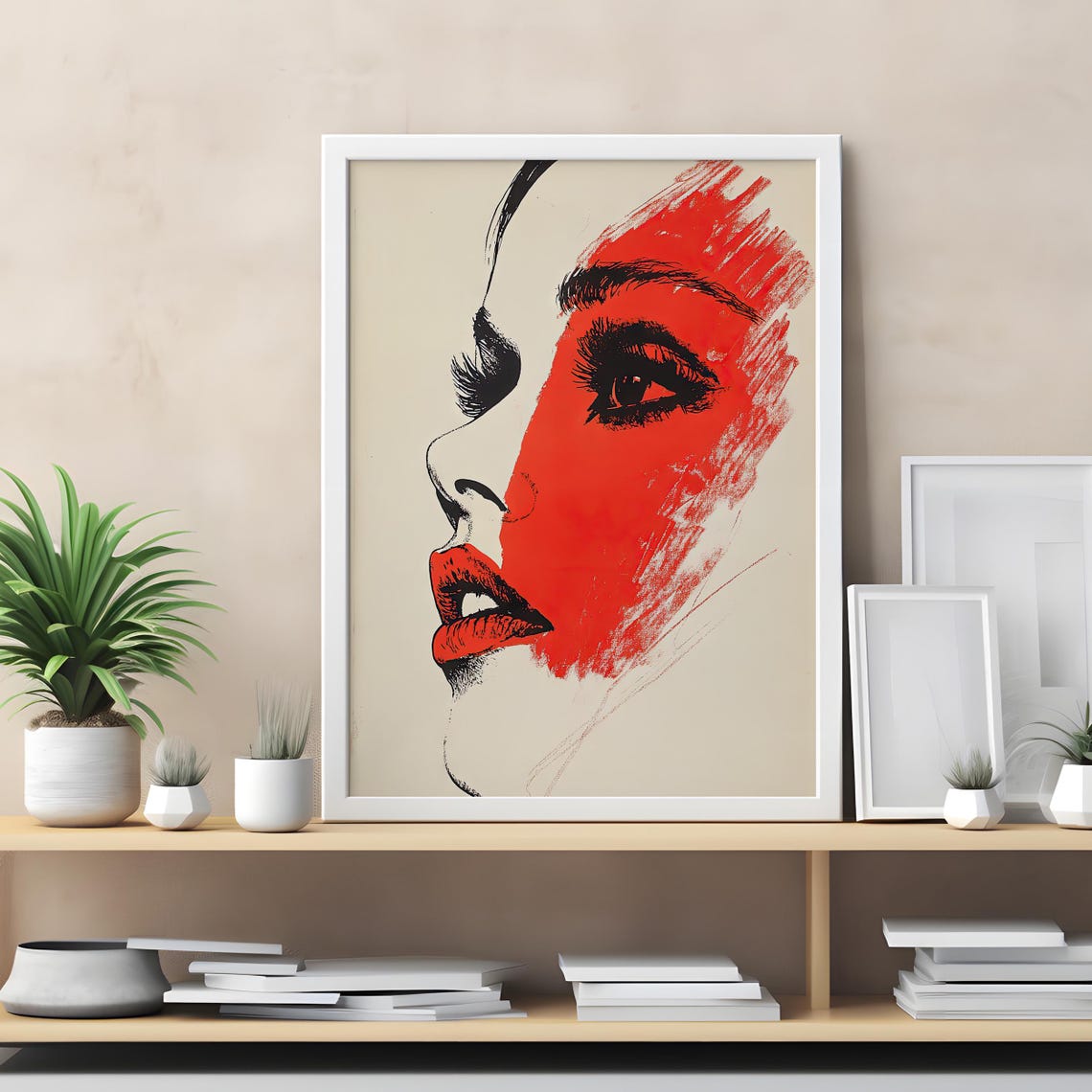 Bold Red Pop Art Female Profile Portrait Black Line Art Poster - Image 5