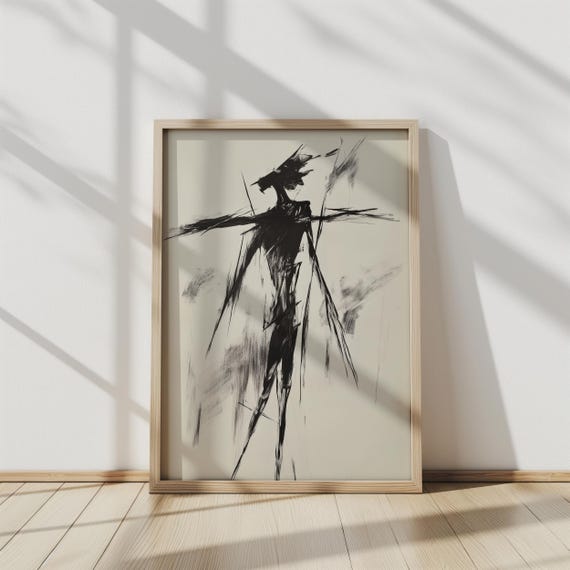 Phantom Silhouette Expressionist Black Ink Figure Minimalist Monochrome Wall Art Modern Avant Garde Line Drawing Bold Abstract Decor