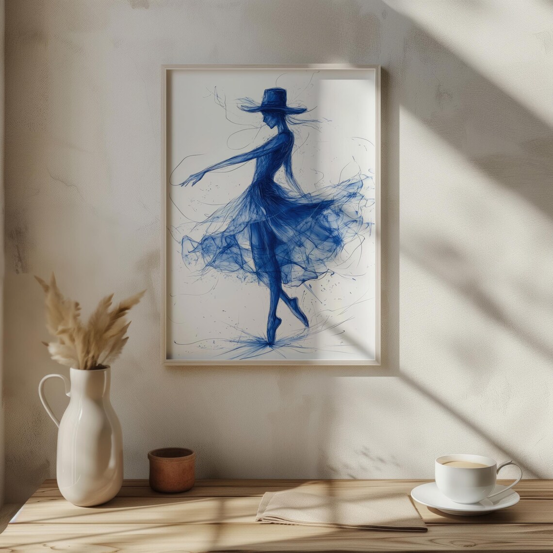 Elegant Dancer Line Art Monochrome Blue Twirl Movement Modern Wall Print - Image 4