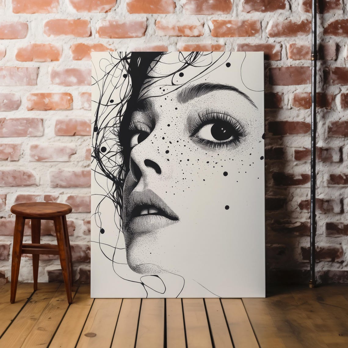 Freckled Woman Ink Portrait Black White Expressive Line Art Poster - Image 7