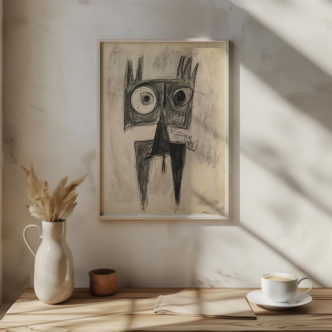 Primitive Cat Sketch Charcoal Big Eyes Abstract Animal Art Poster - Image 5